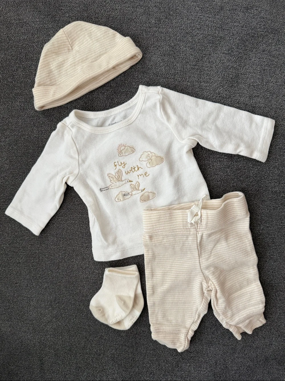 Carter's Cream and Beige Baby Matching Set - Hat, Top, Pants, Socks